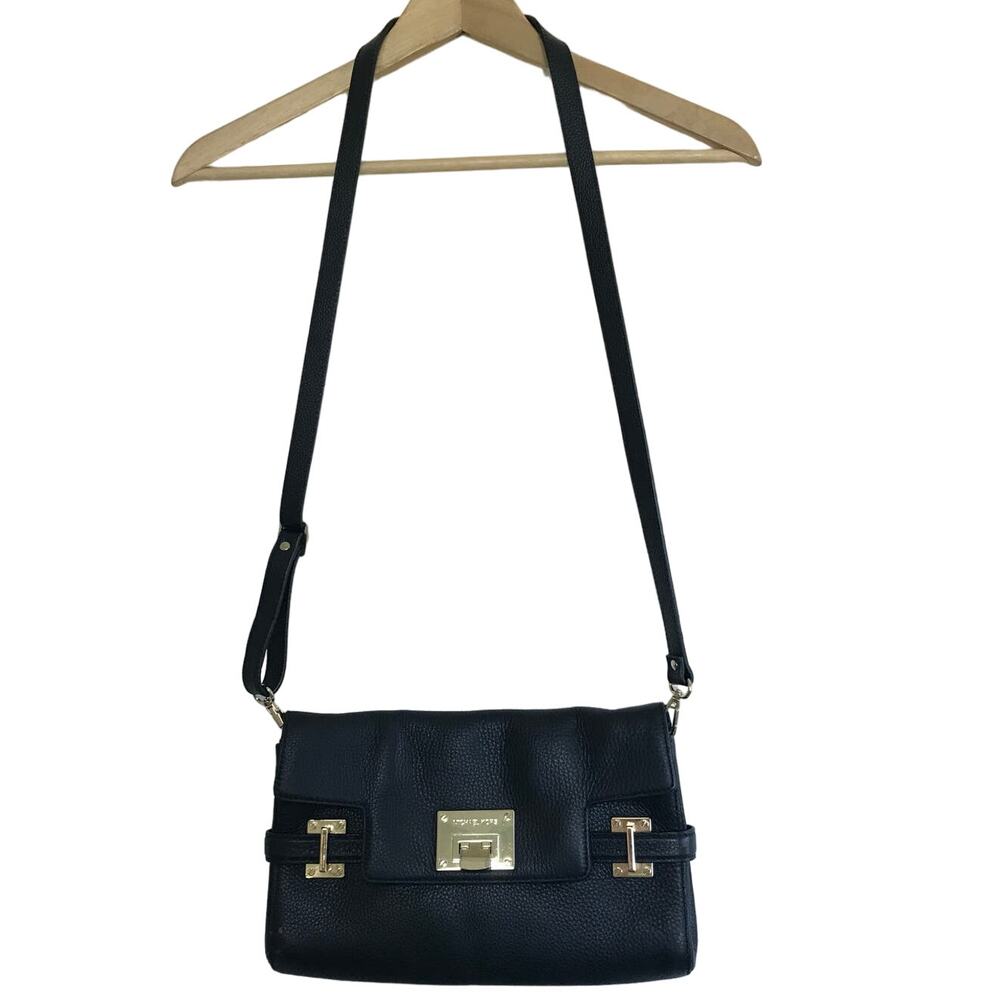 MICHAEL KORS black pebbled leather gold Astrid crossbody purse bag